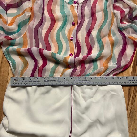 VINTAGE 80s Pat Richards Striped Chiffon Wrap Skirt Dress Sheer Rainbow Size 12 - Picture 5 of 8
